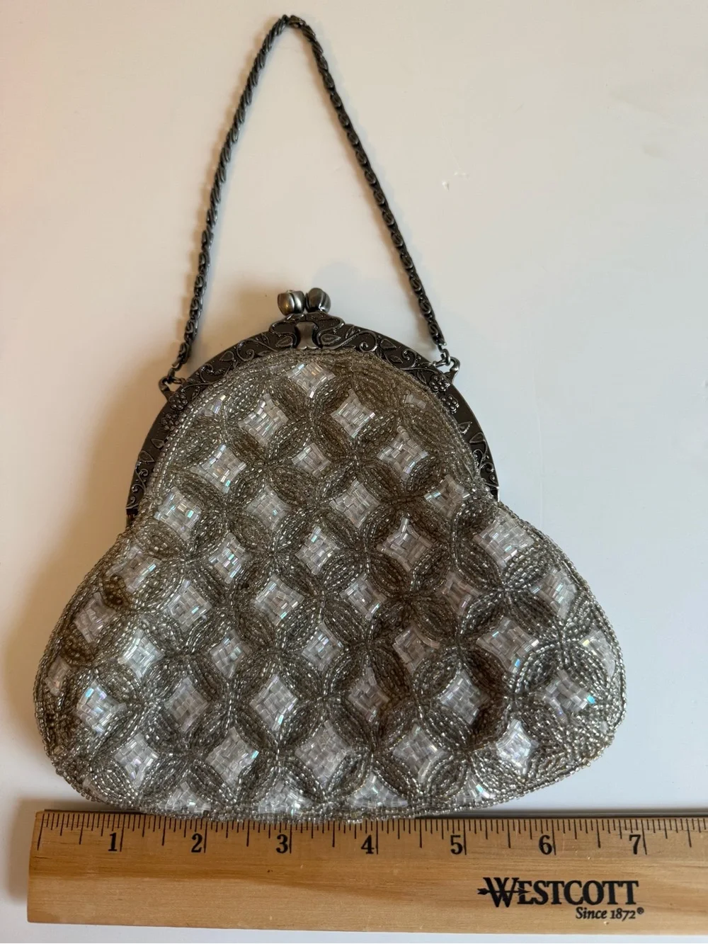 Marmi Beaded Evening Bag Silver White Seed Bead Kiss Lock Chain Purse Clutch